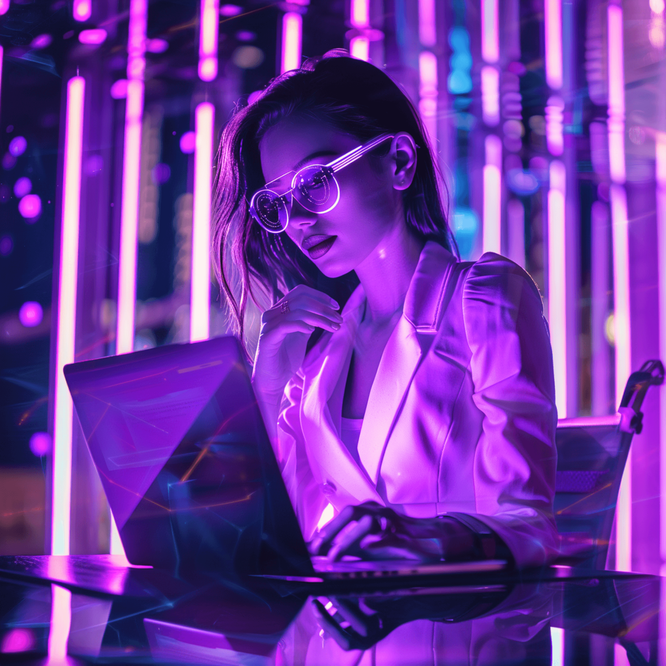 A woman in glowing glasses and a white blazer typing on a laptop among violet neon lights