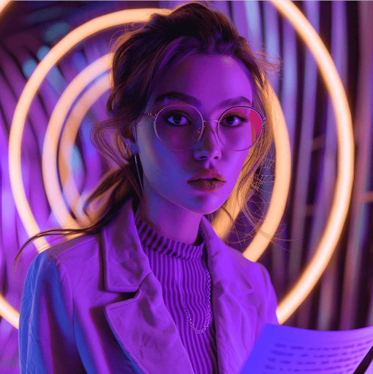 A young woman in round glasses holding papers, framed by glowing orange rings