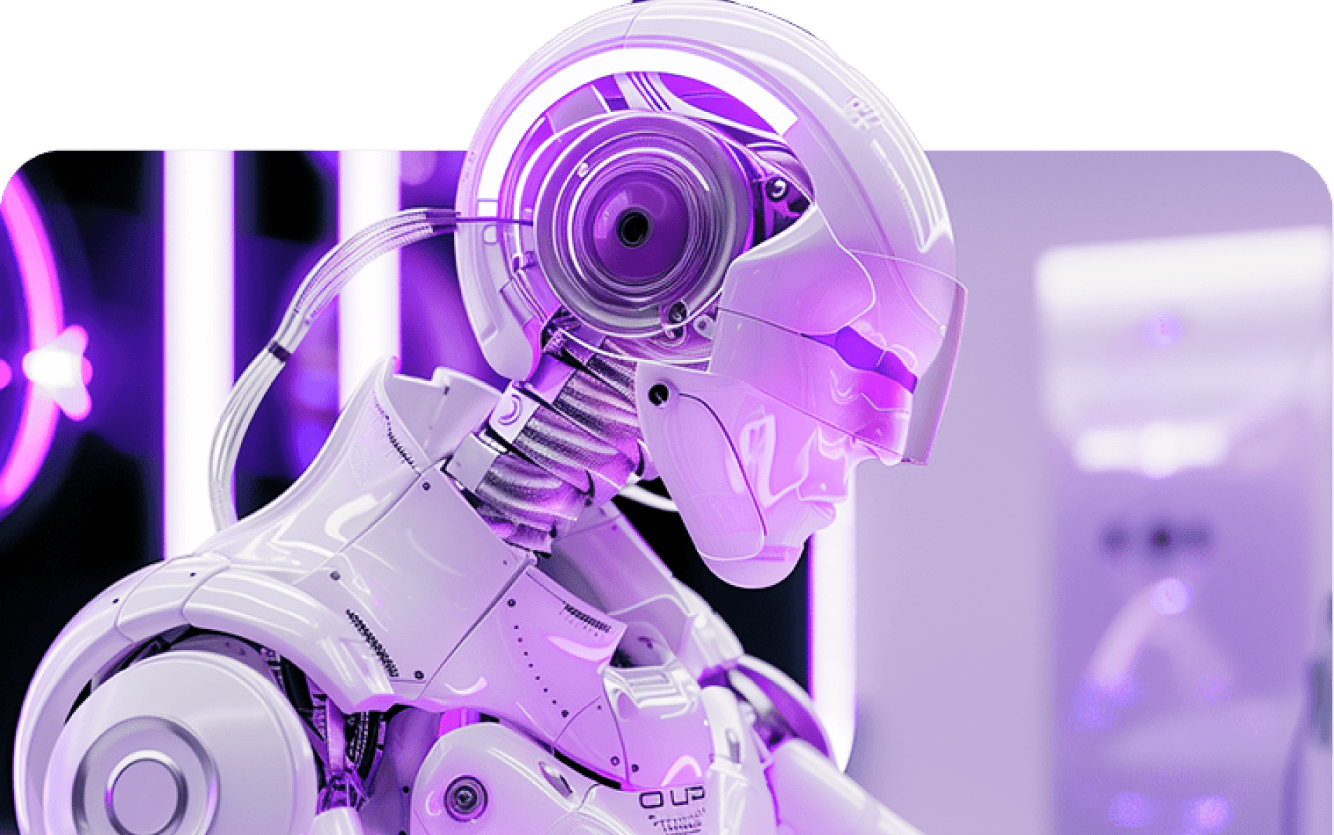 A white humanoid robot in profile, its head open on a glowing lens, in a violet-lit lab
