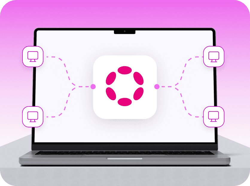 Polkadot blockchain development company: a laptop showing the Polkadot logo, linked by dashed lines to four computers