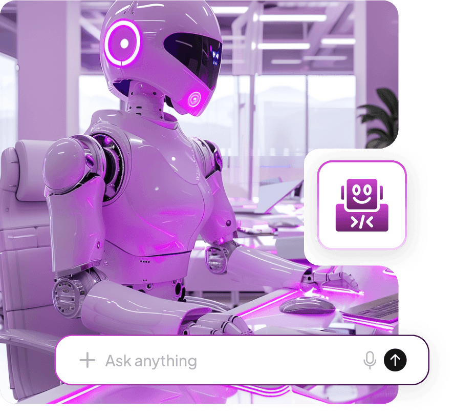 A white robot at a desk in a violet-lit office, with a coding chatbot badge and an “Ask anything” box