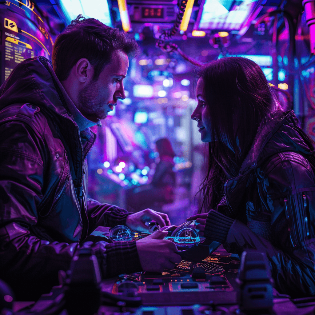 A man and a woman leaning towards each other over glowing controls in a violet-lit arcade