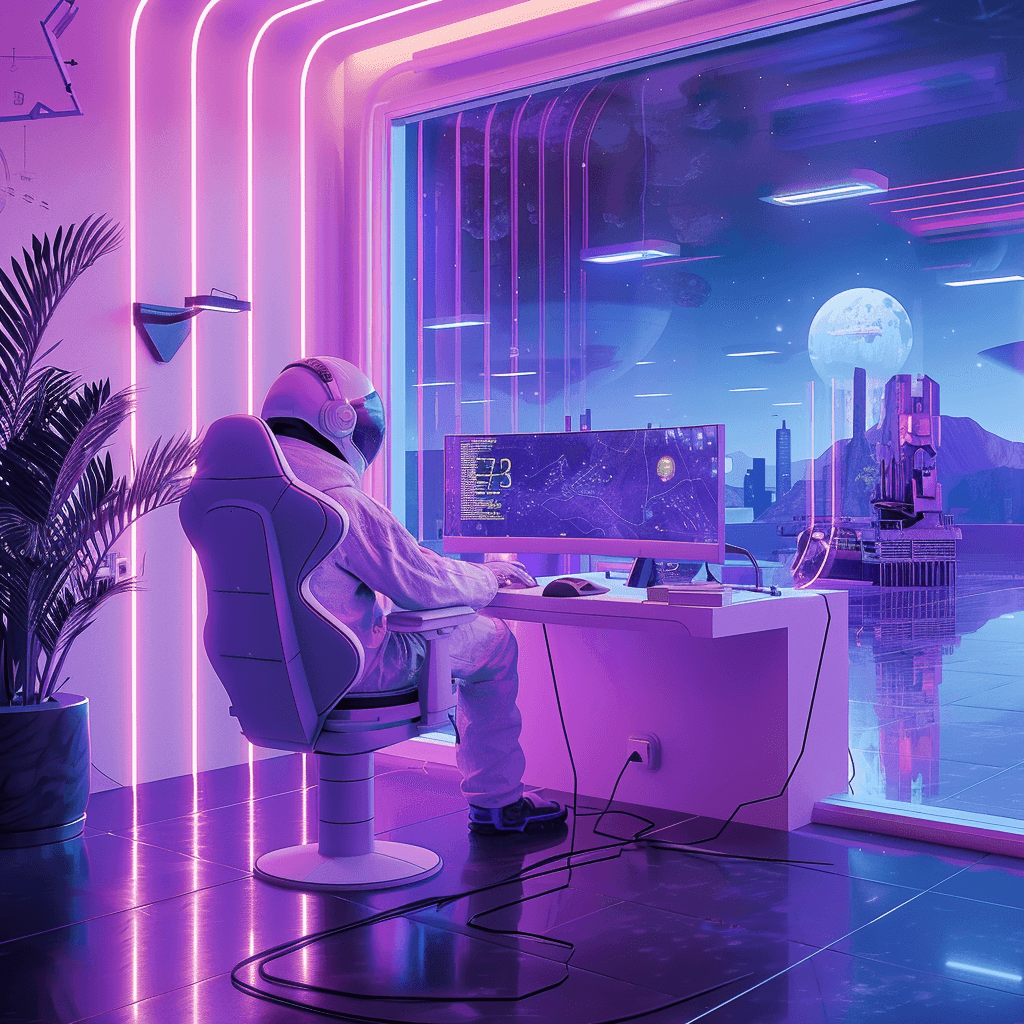 A figure in a white helmet at a desk with a curved screen, looking out over a neon city at night