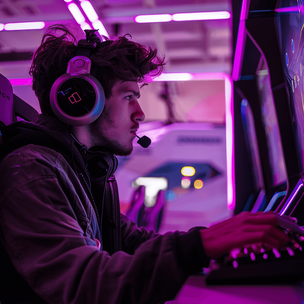 A young man in a gaming headset at a keyboard, lit in purple