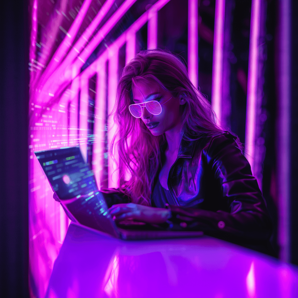A woman in glowing glasses typing on a laptop in a magenta-lit room