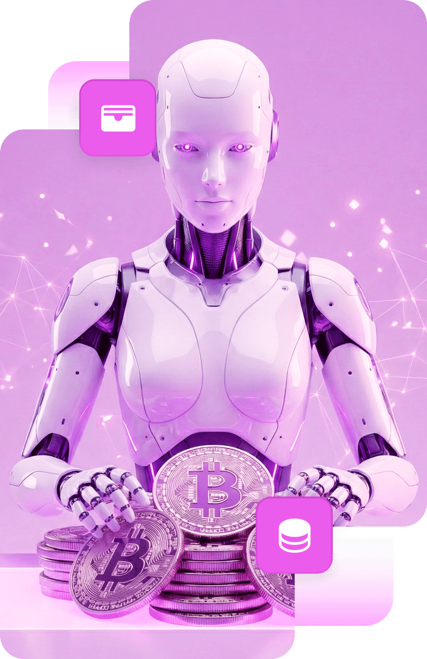 A humanoid robot with its hands around a stack of Bitcoin coins, with card and database badges