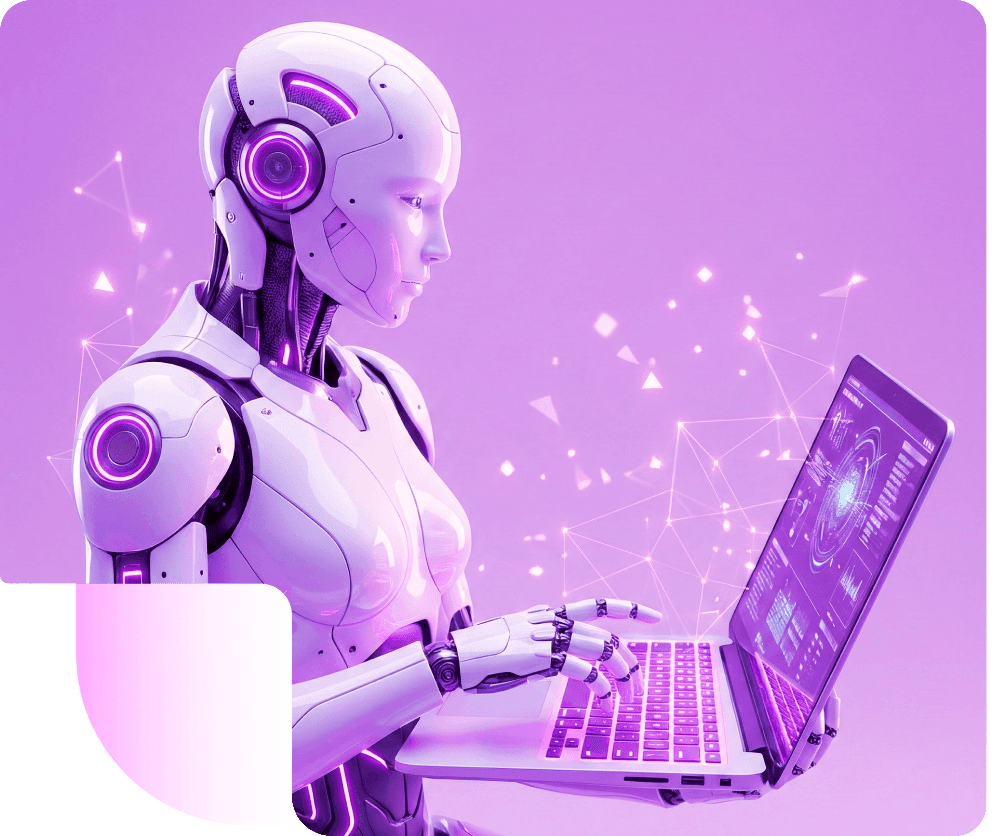 A humanoid robot typing on a laptop