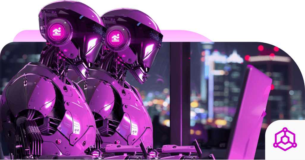 Two magenta robots working at a laptop over a city at night