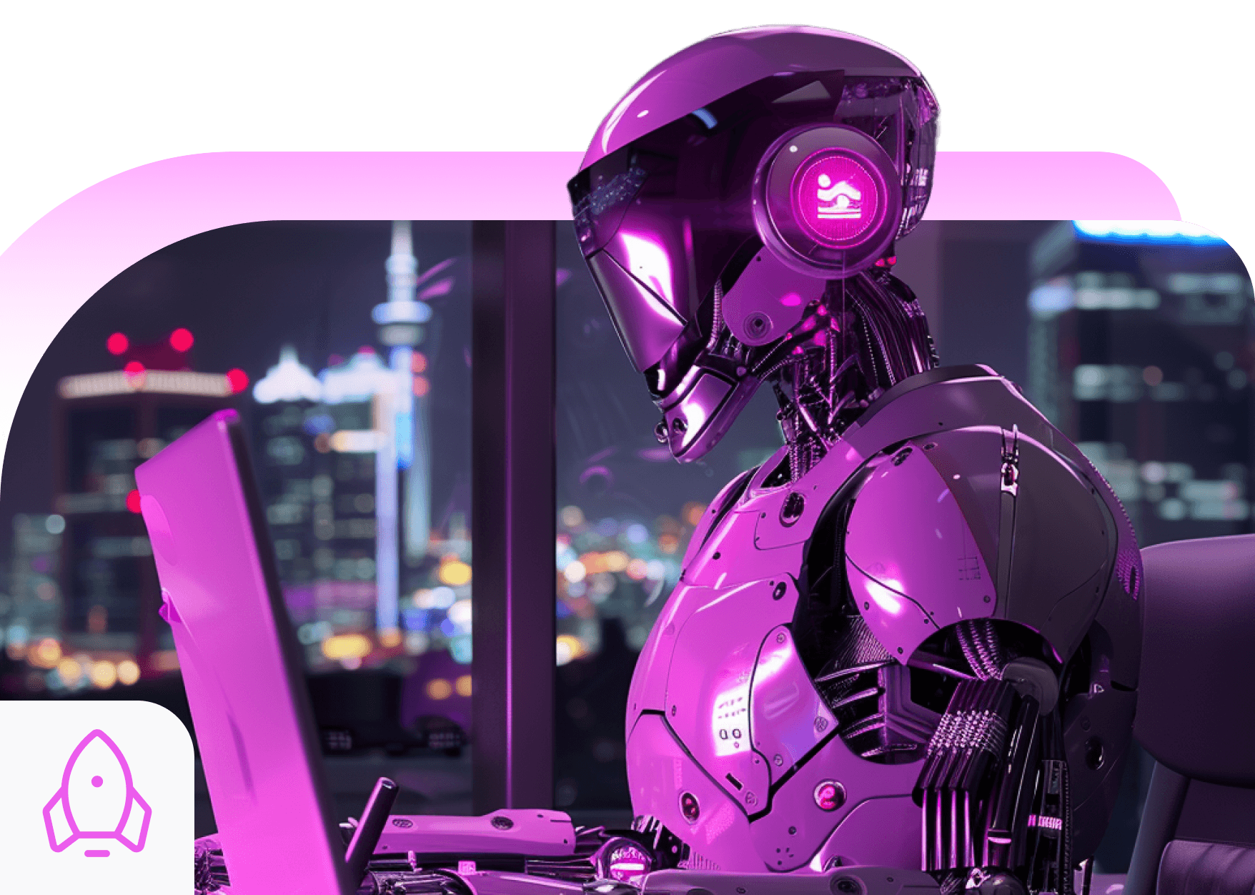 A robot working at a laptop over a city at night