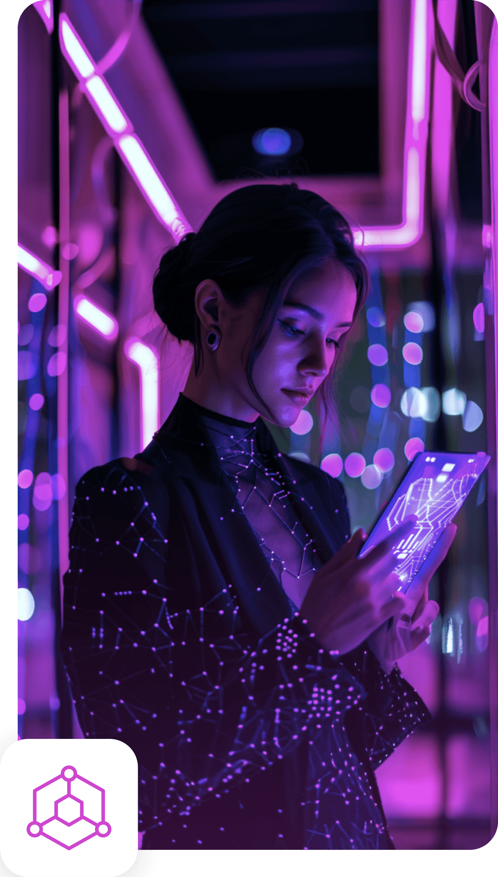 A woman in a starry jacket reading a glowing tablet in a corridor lit by magenta neon