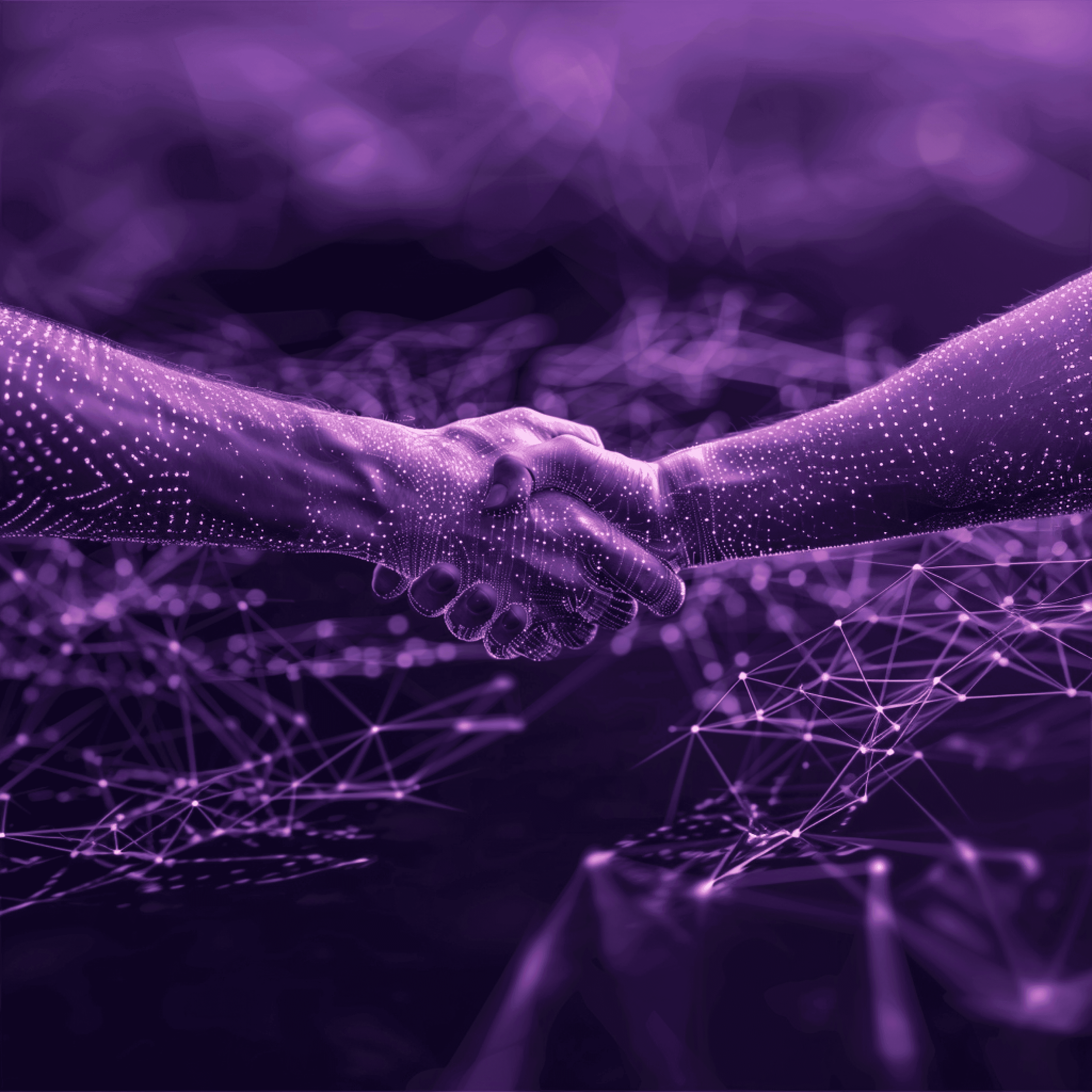 Two hands shaking, drawn in points of light over a purple network of nodes