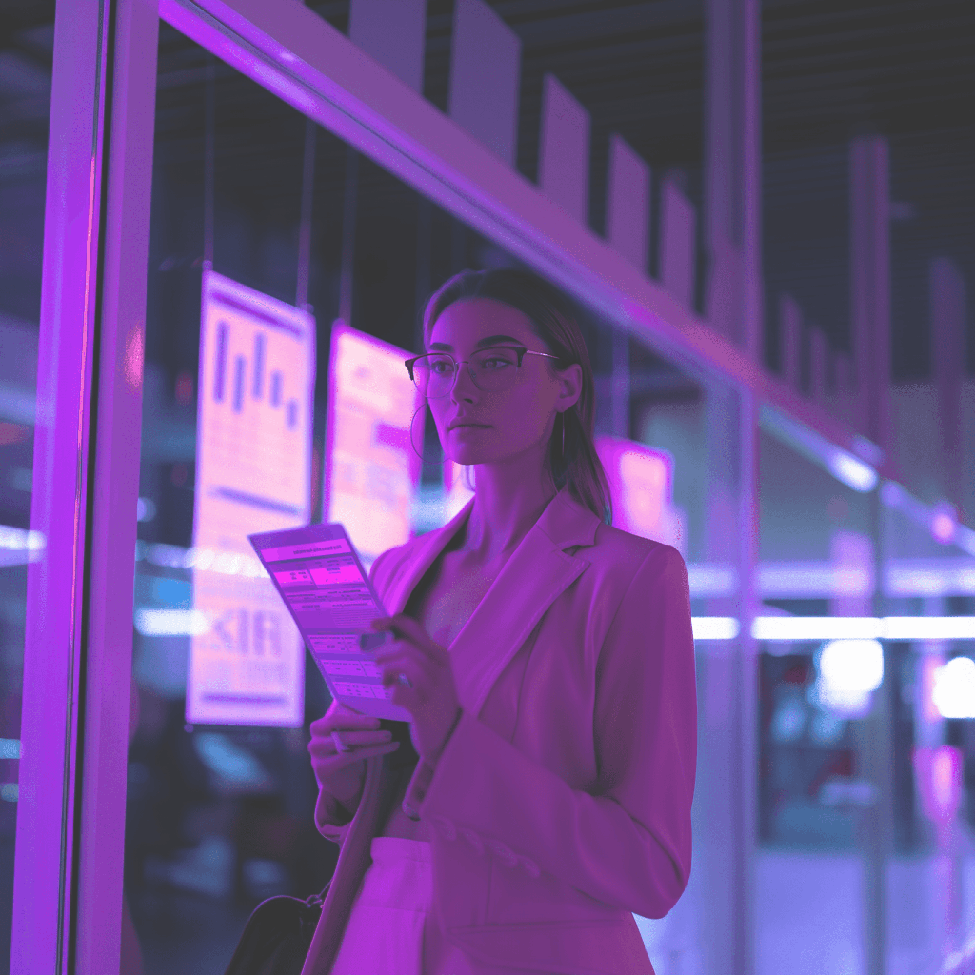 A woman in glasses reading a printed report beside glass walls hung with magenta charts