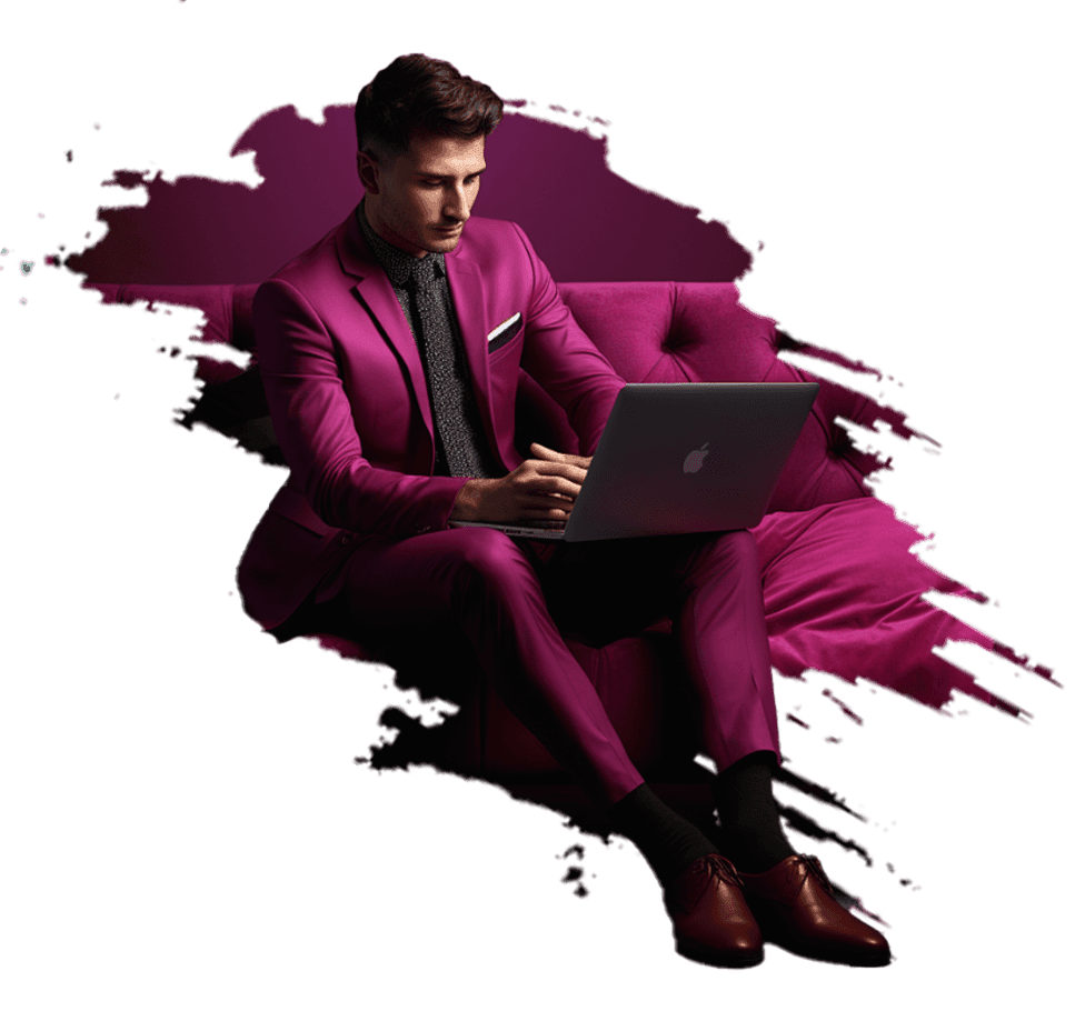 A man in a magenta suit working on a laptop, seated on a magenta sofa over a painted brush stroke