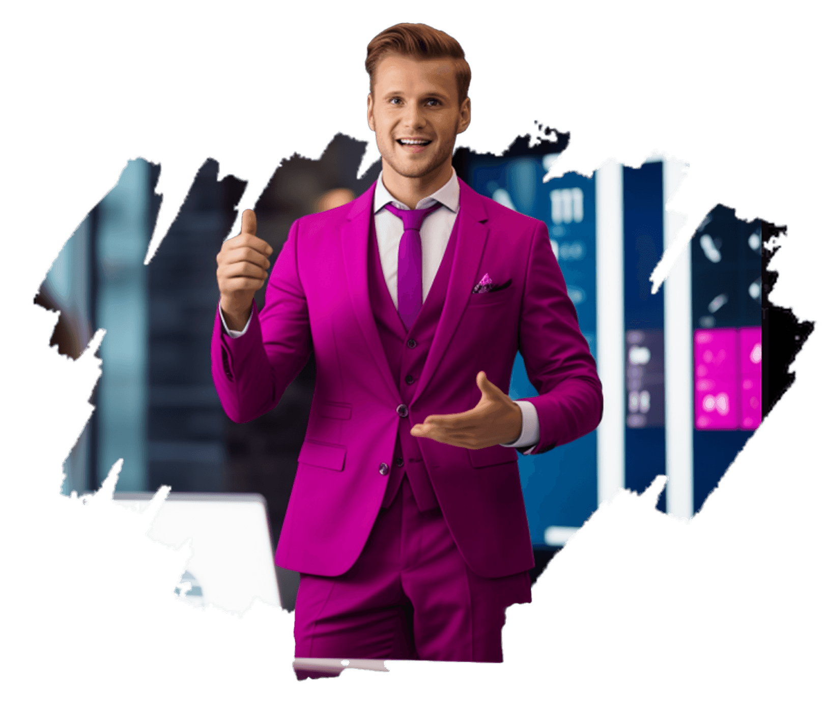 A smiling man in a magenta three-piece suit giving a thumbs-up, before screens in a dark office