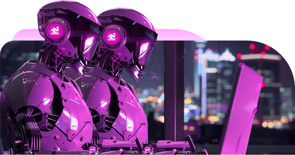 Two magenta robots side by side in front of a city skyline at night