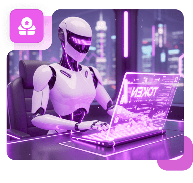 A robot typing on a glowing keyboard at a desk, with a city at night behind it