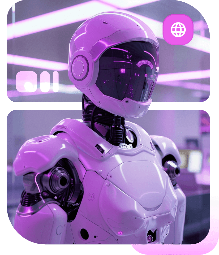 A white humanoid robot in a visored helmet, framed in two rounded panels with a globe icon