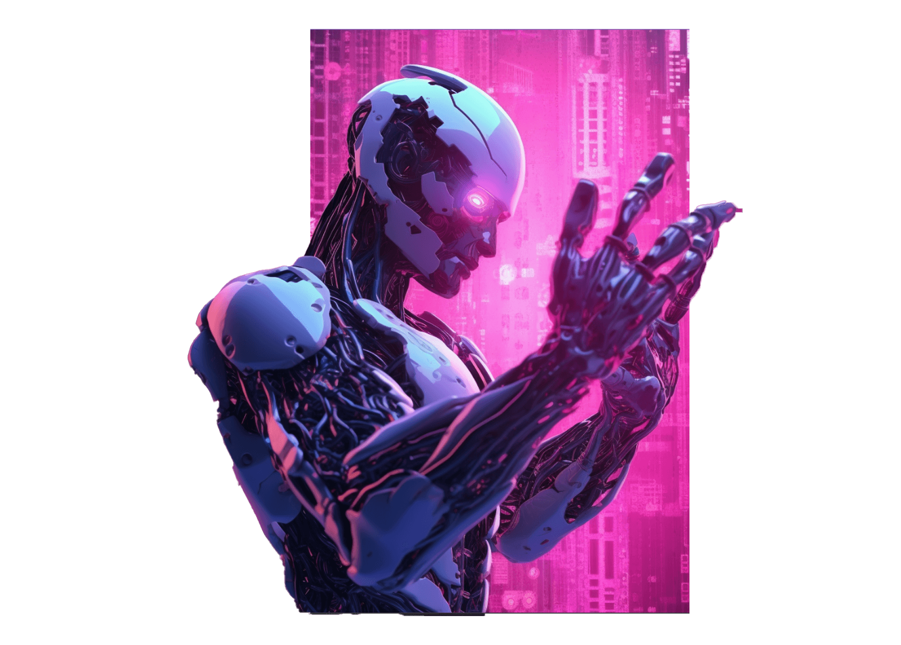A robot with a glowing eye studying its raised hand in front of a magenta circuit-board panel