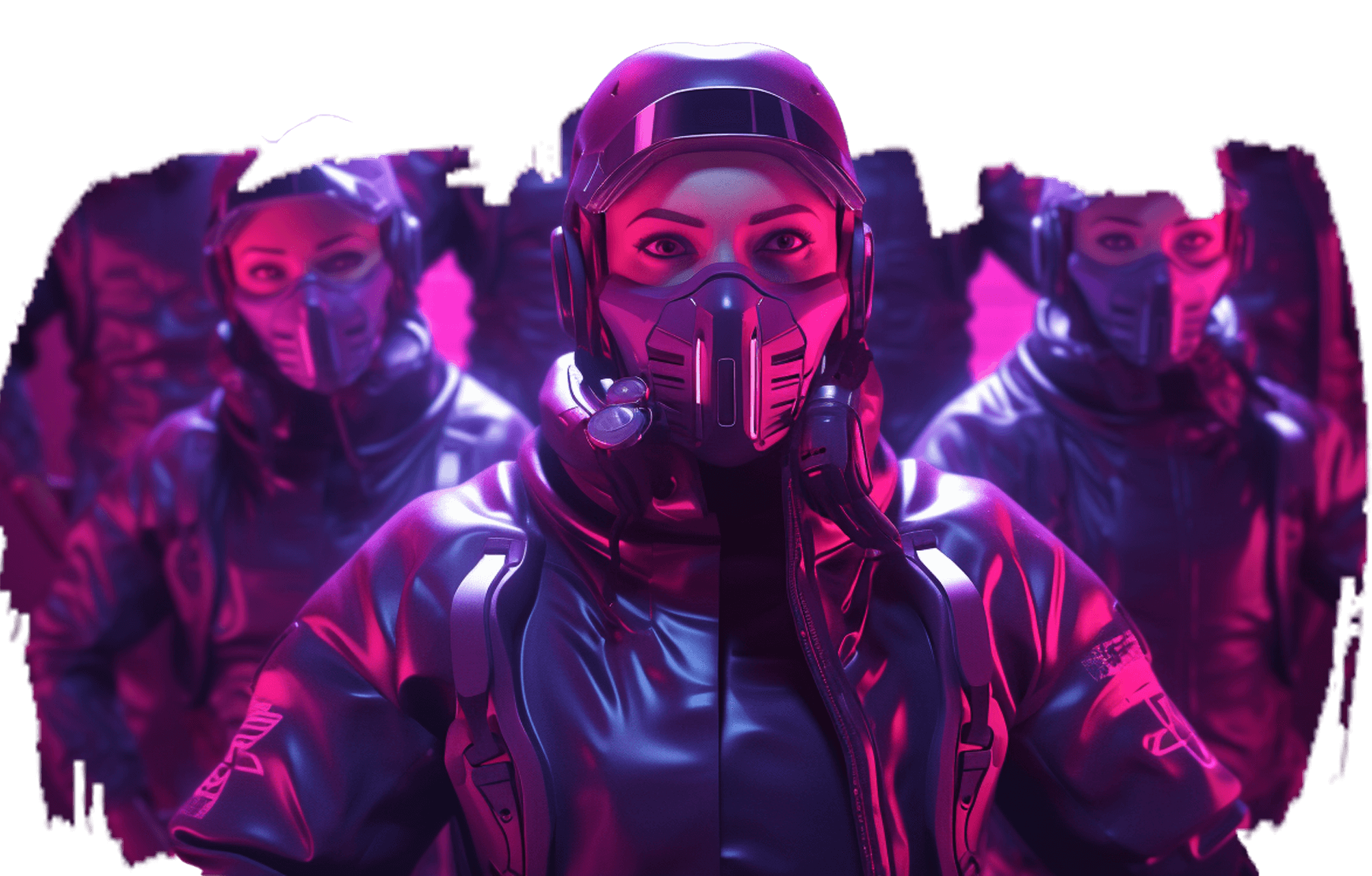 A woman in a helmet and breathing mask leading a masked crew, lit in magenta and violet