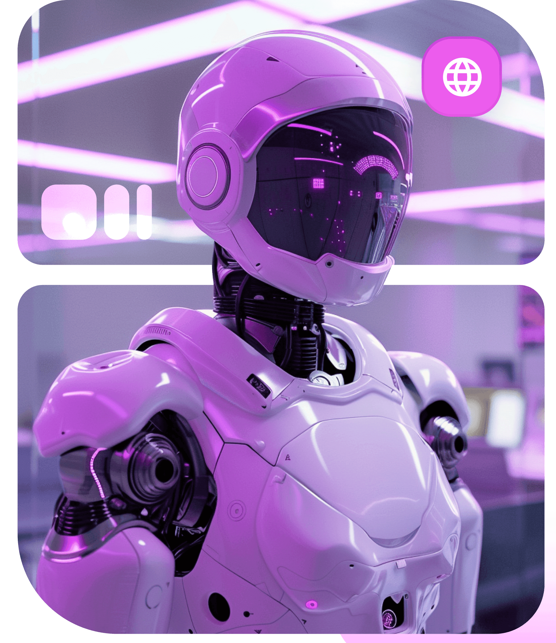 A white and lilac humanoid robot in a neon-lit room, framed by two rounded panels with a globe badge