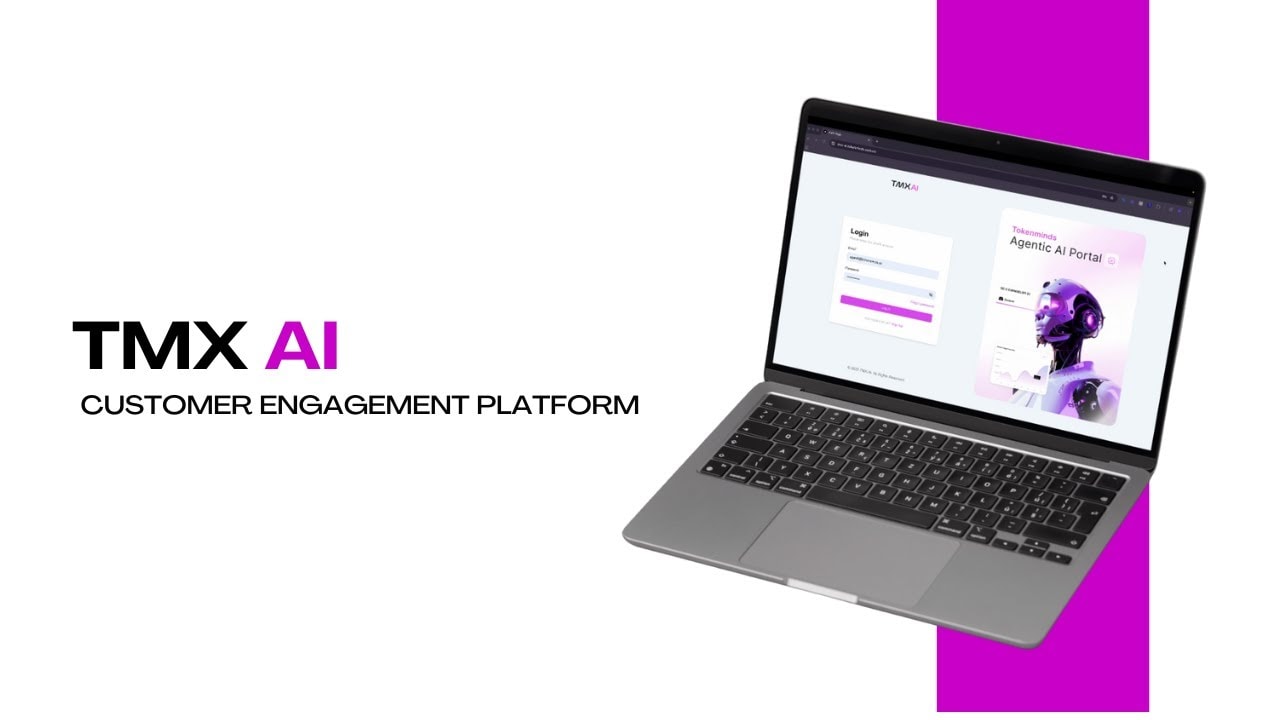 TMX AI, customer engagement platform: the Tokenminds Agentic AI Portal login on a laptop