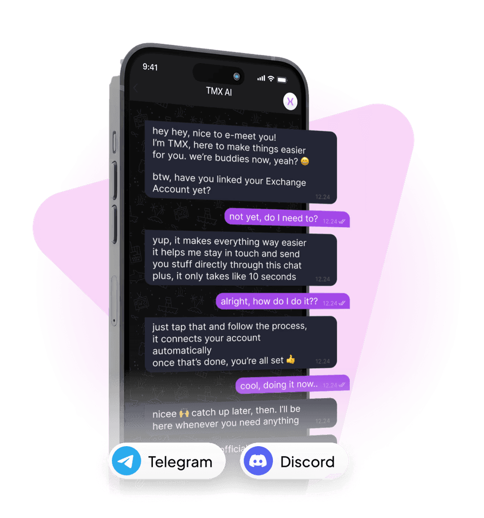 A TMX AI chat on a phone, helping a user link an exchange account, available on Telegram and Discord