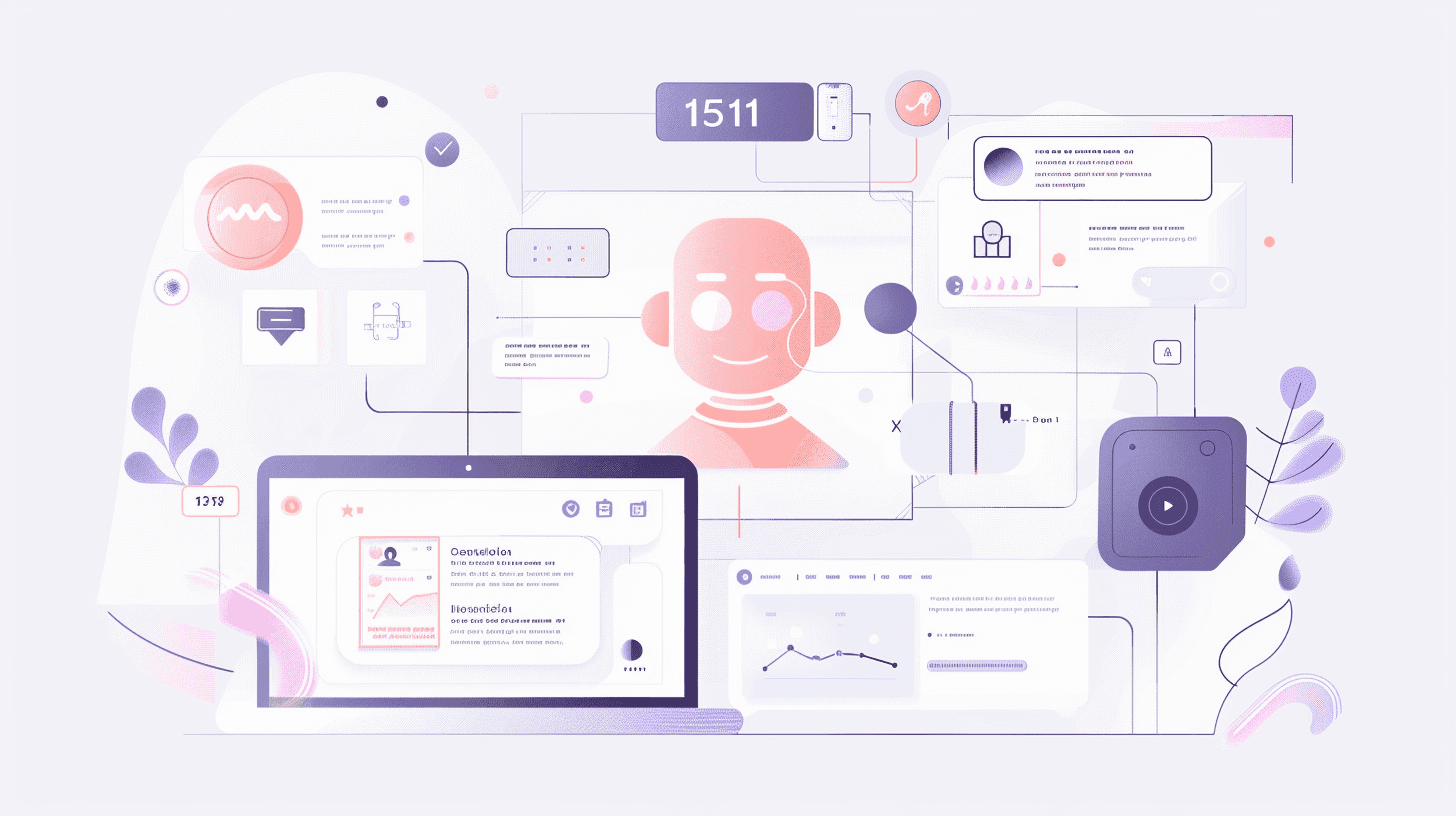 A drawing of an AI assistant's face among chat panels, a laptop and a speaker