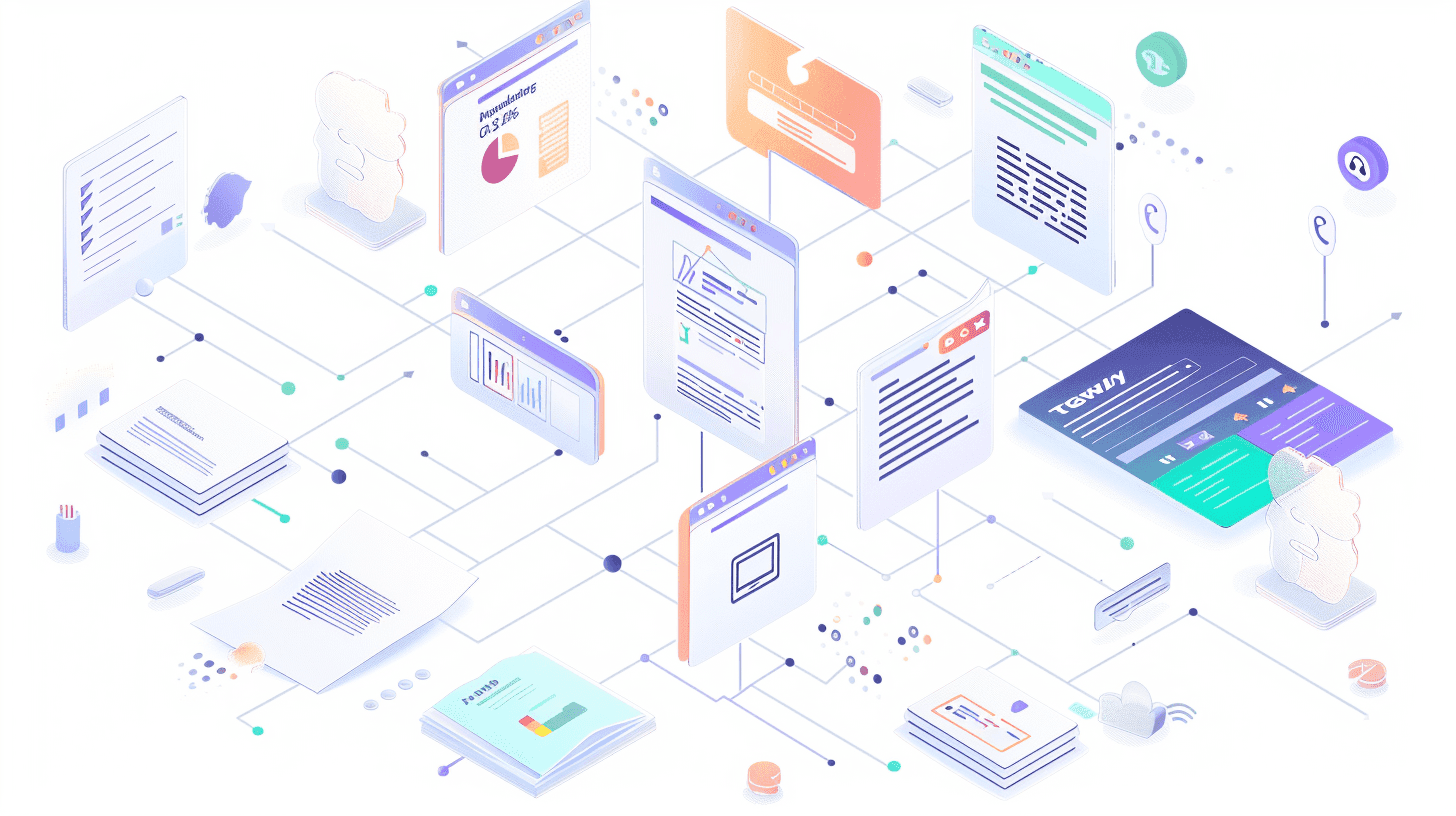 An isometric drawing of content briefs, pages and charts linked on a grid