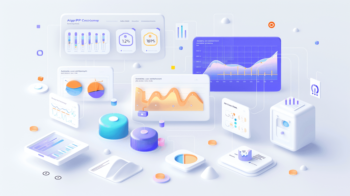 An isometric drawing of analytics dashboards with line, bar and pie charts