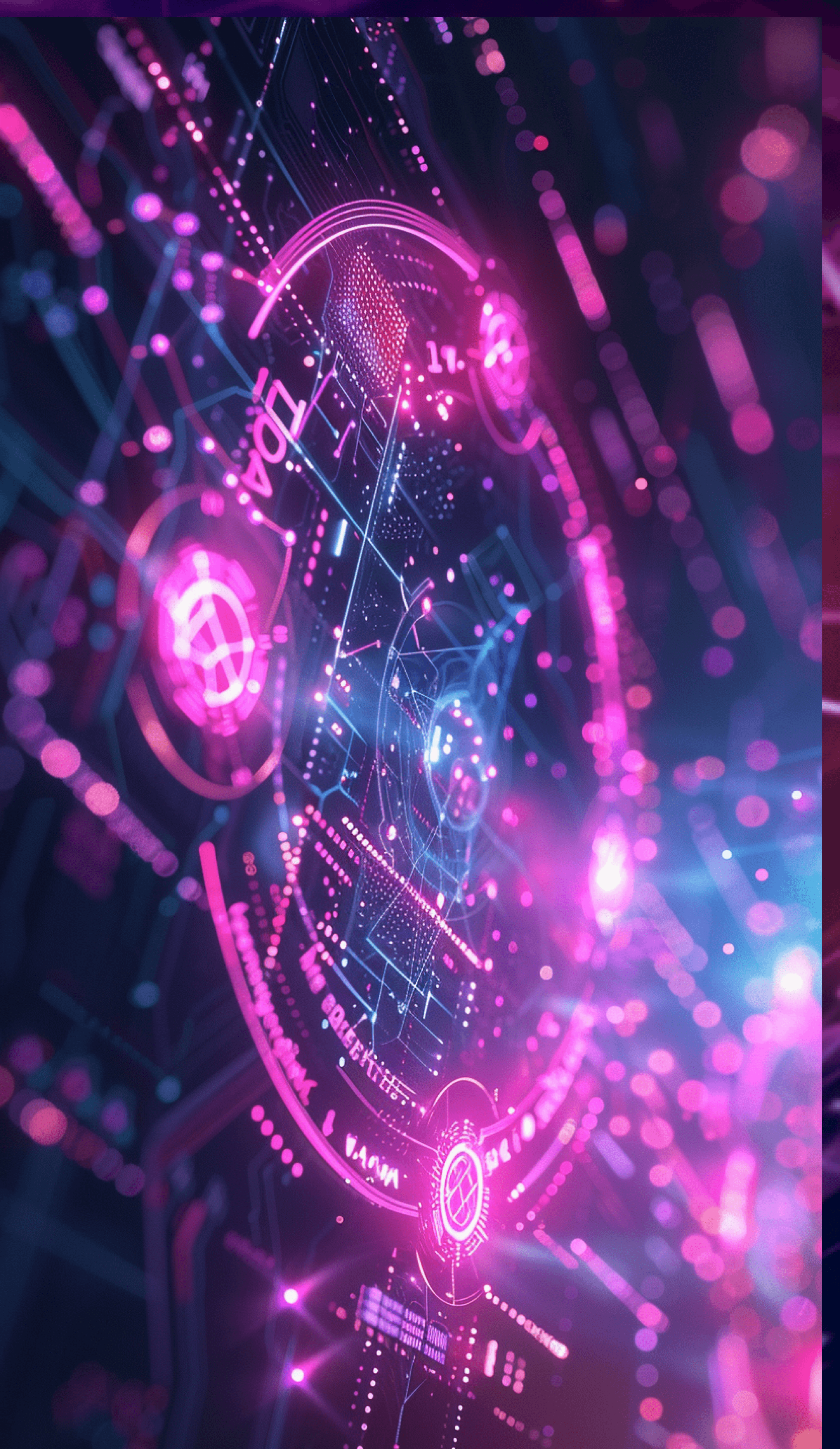 A glowing magenta circuit dial on a dark ground