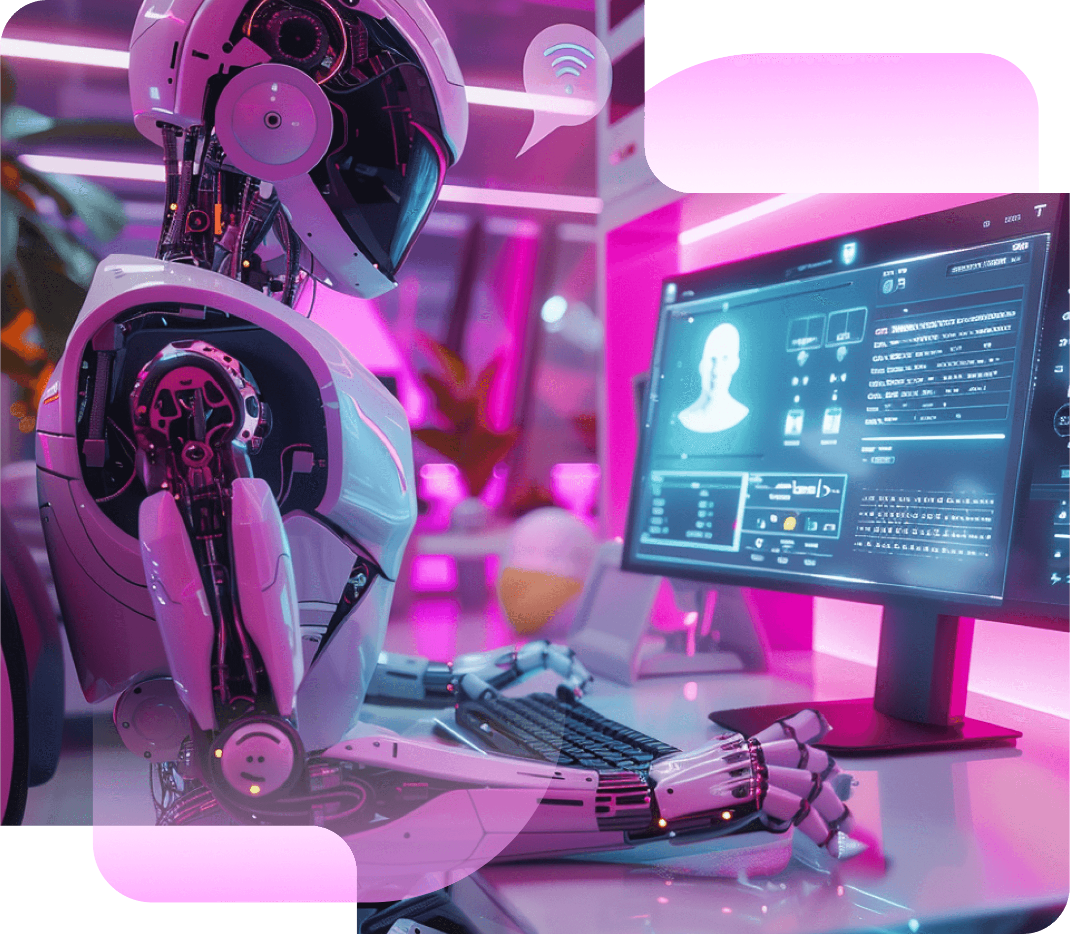 A robot typing at a computer showing a profile dashboard, in a pink-lit office