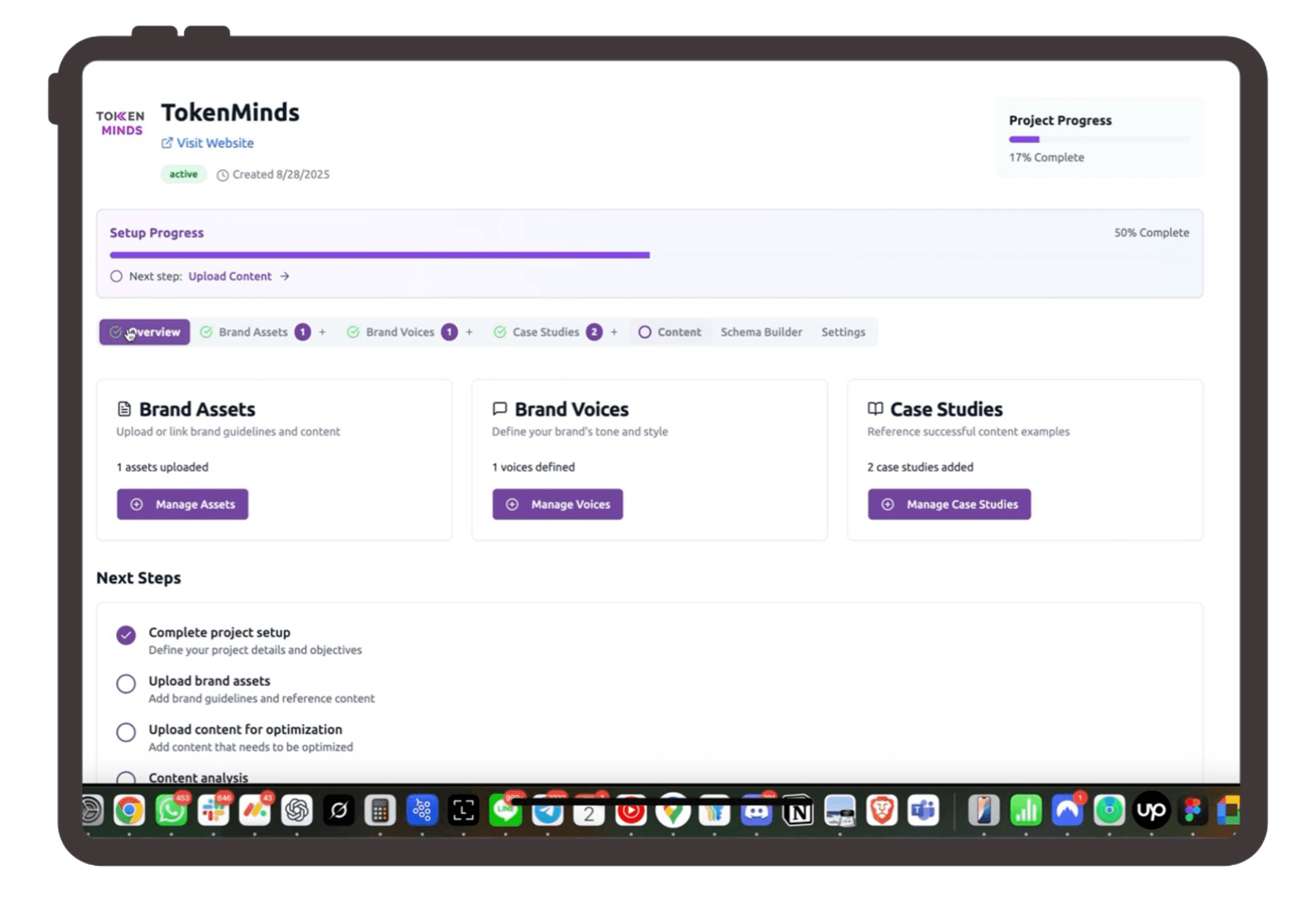 The TMX GEO workspace for TokenMinds on a tablet: setup progress, the Overview, Brand Assets, Brand Voices, Case Studies, Content, Schema Builder and Settings tabs, and the next steps