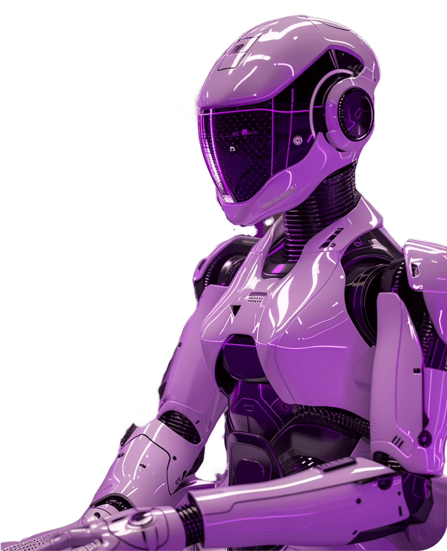 A lilac robot in a helmet at a keyboard before a pink-lit screen