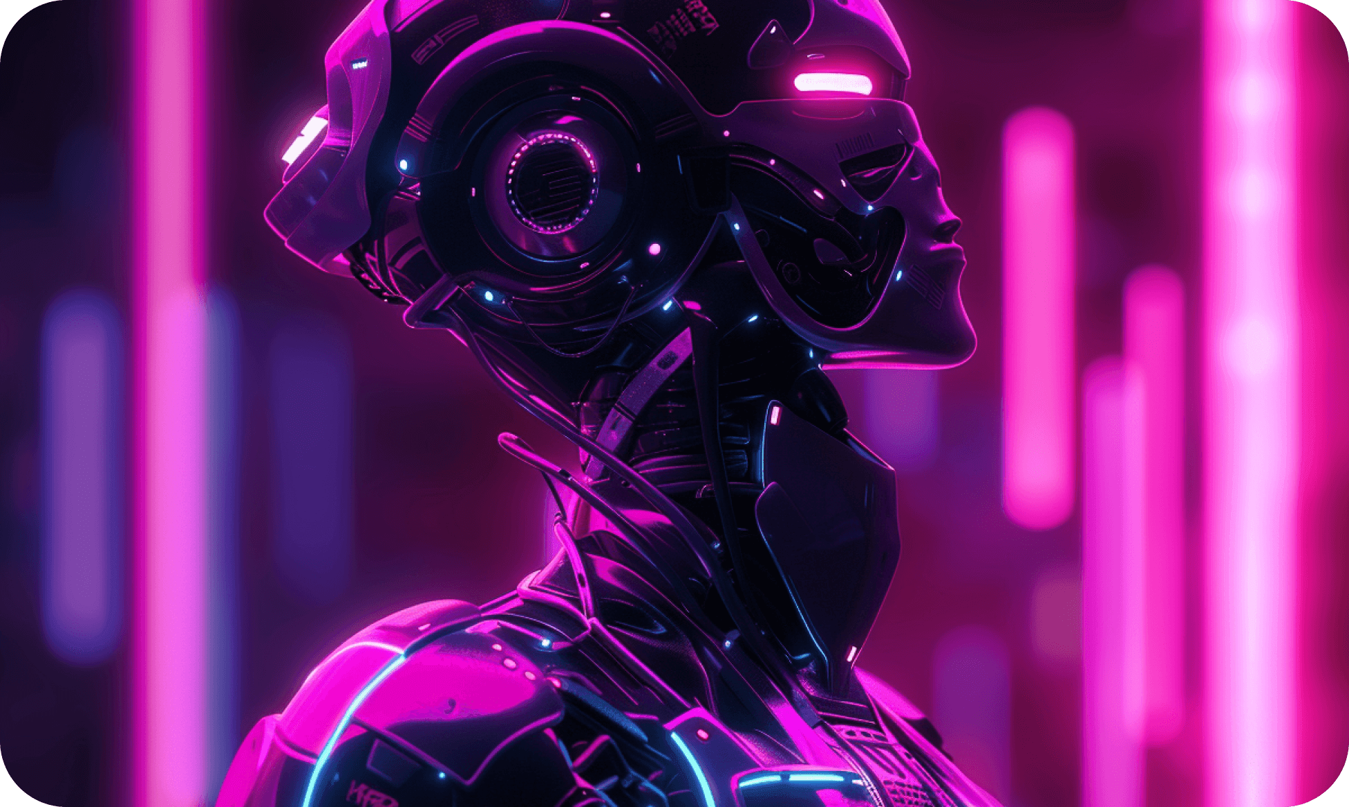 A robot's head in profile, lit magenta against neon light bars