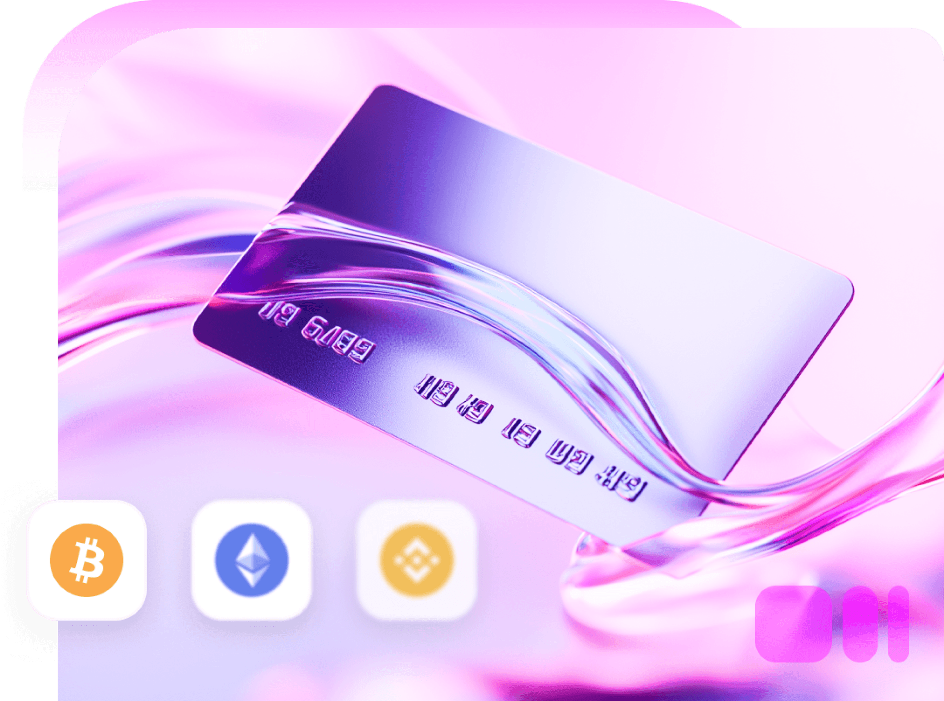 A payment card beside Bitcoin, Ethereum and BNB coin icons