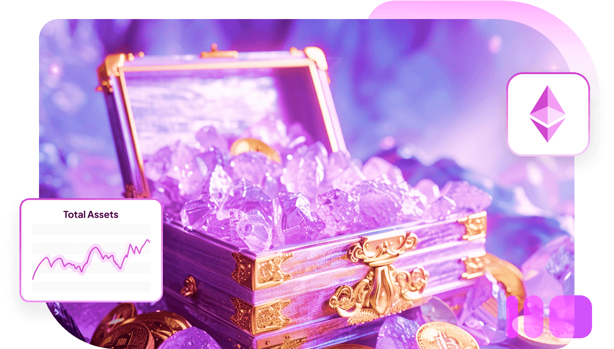 An open treasure chest full of crystals and gold coins, with an Ethereum badge and a total assets chart