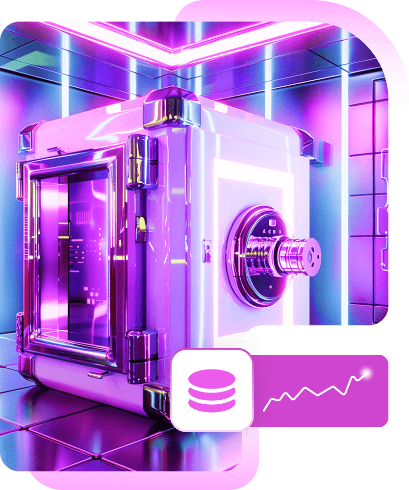 A glowing steel vault in a neon-lit room, with a coin stack and a rising chart