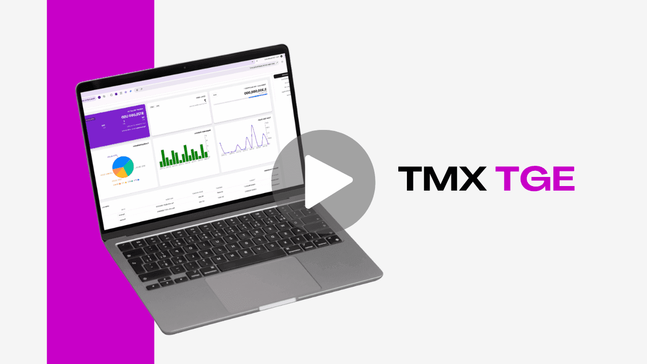 The TMX TGE dashboard on a laptop, with a play button