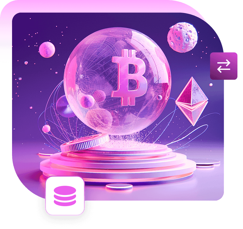 A glass sphere with a Bitcoin symbol beside an Ethereum crystal, on a stack of coins