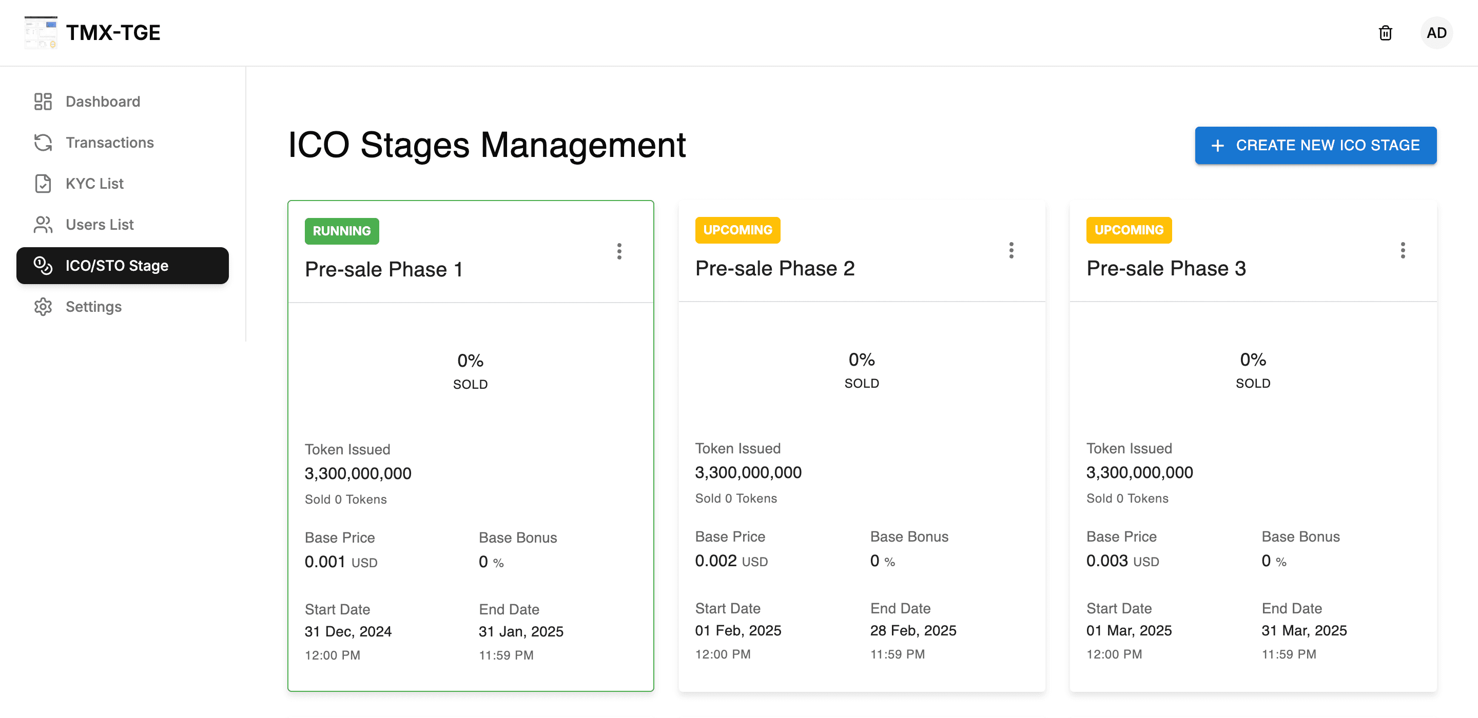 TMX TGE ICO stages management: three pre-sale phases with prices and dates