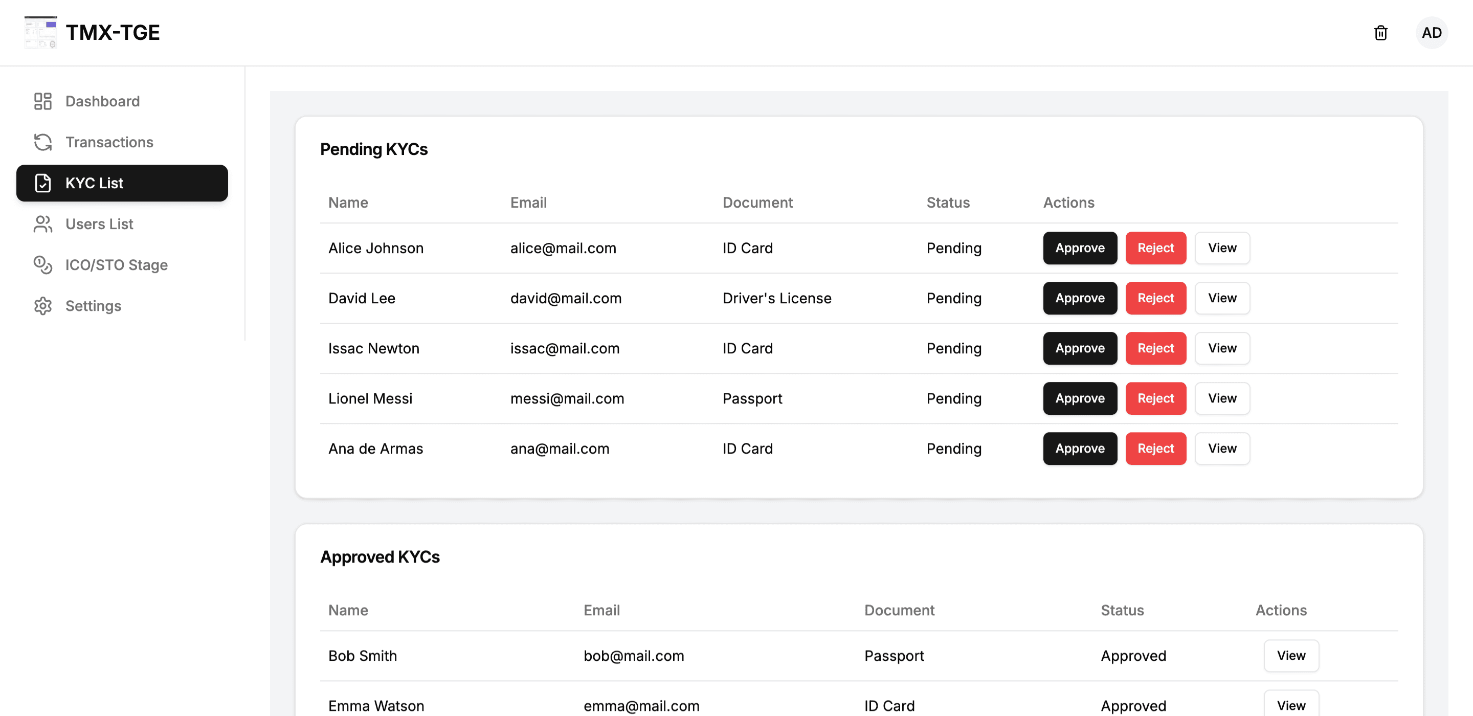TMX TGE KYC list: pending applications with approve and reject actions