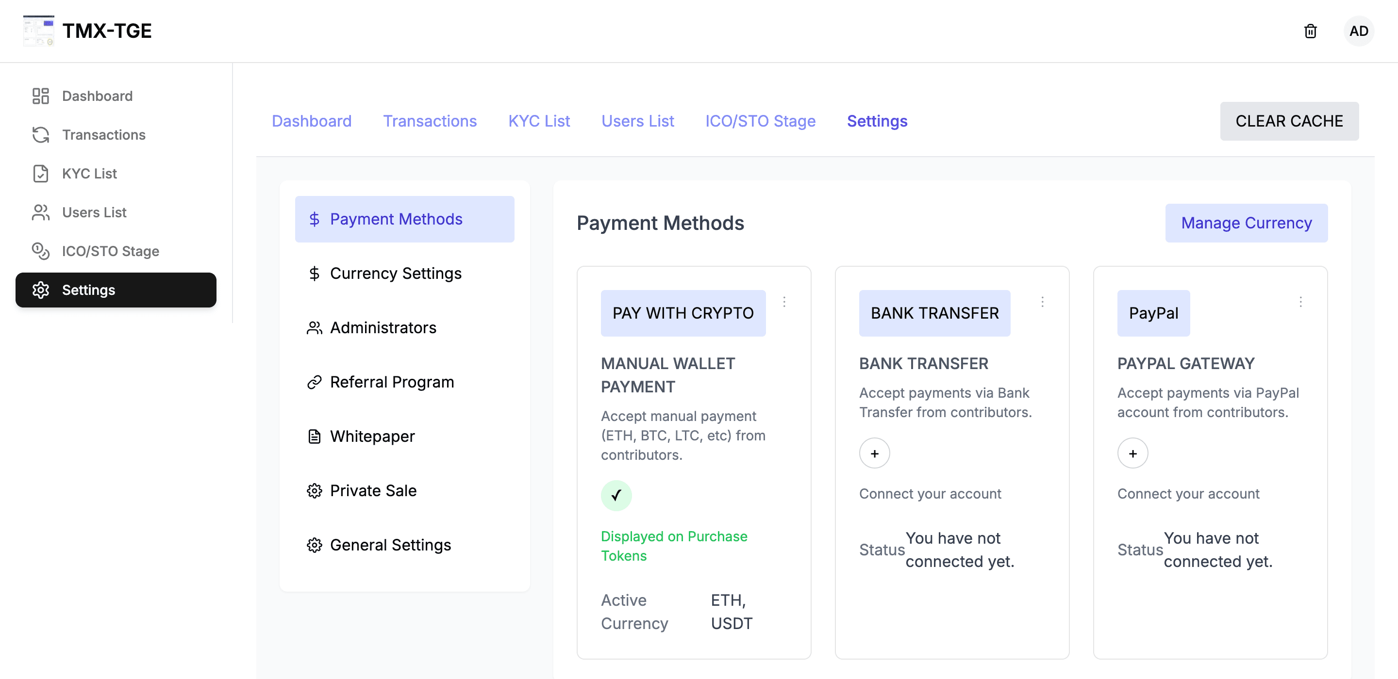 TMX TGE settings: payment methods for crypto, bank transfer and PayPal