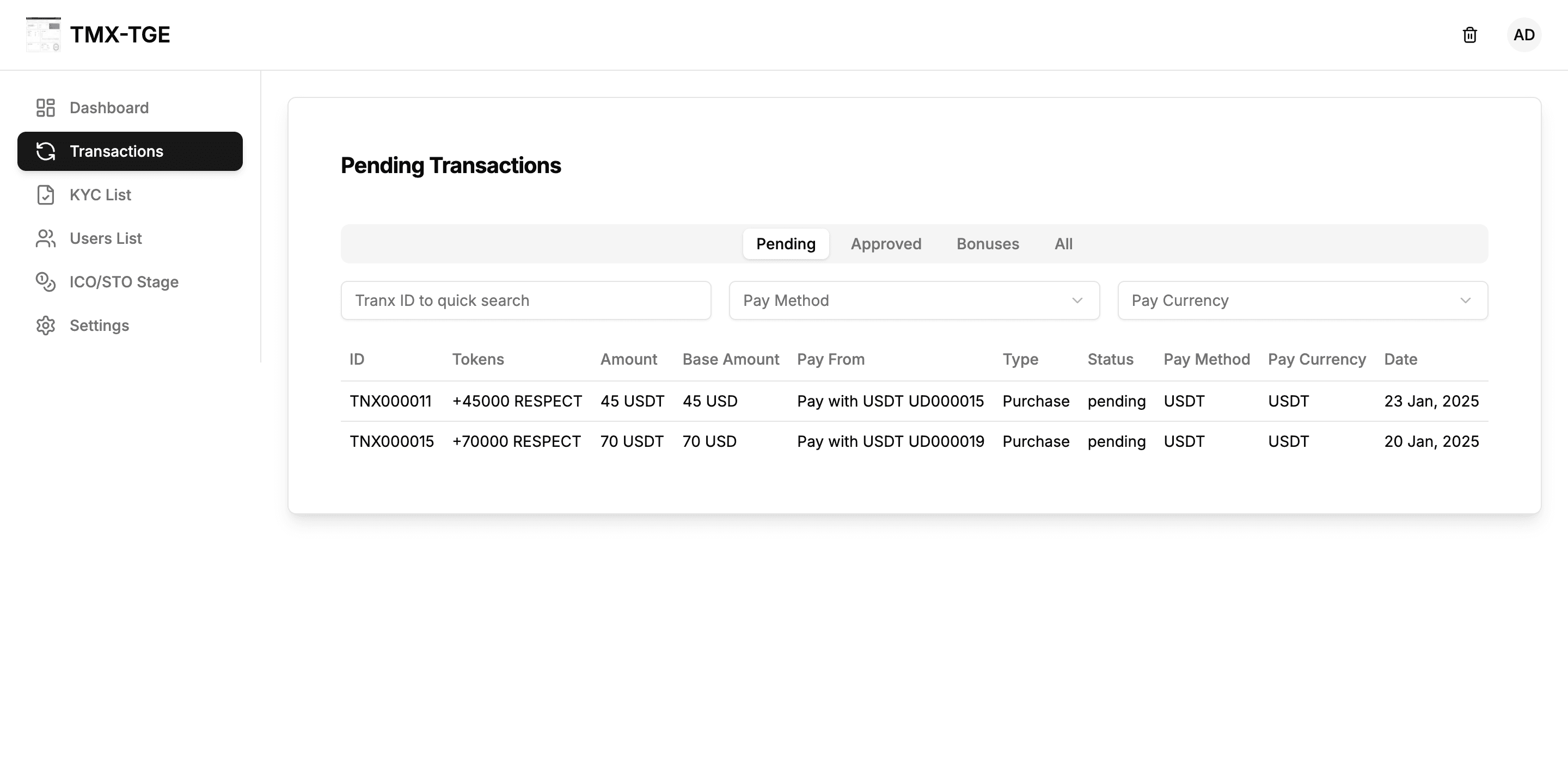TMX TGE pending transactions table with amounts, pay method and status