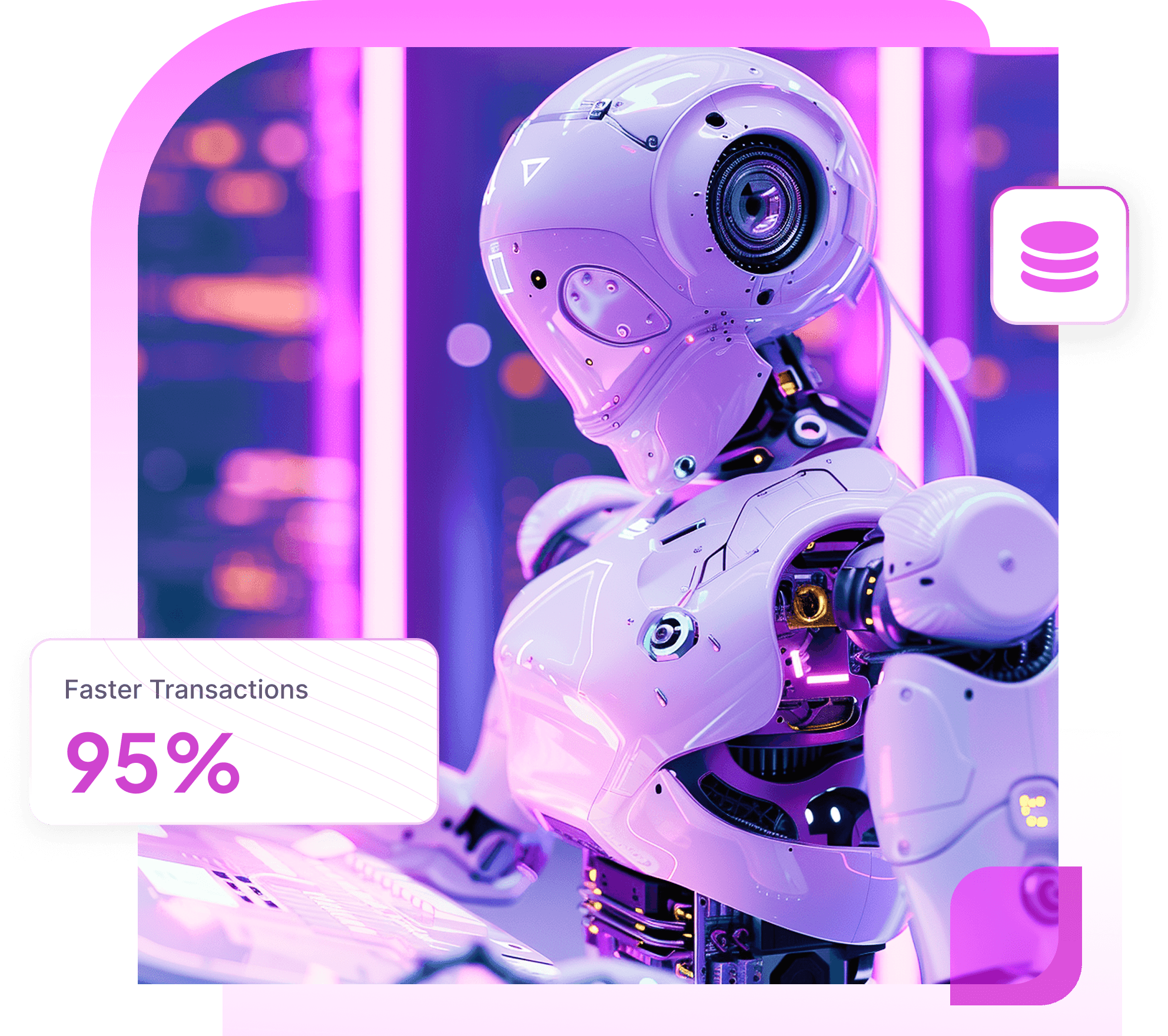 A white robot at a keyboard, with a card reading Faster Transactions 95%