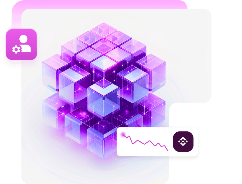 A glowing cube of glass blocks, with an admin badge and a BNB price chart beside it
