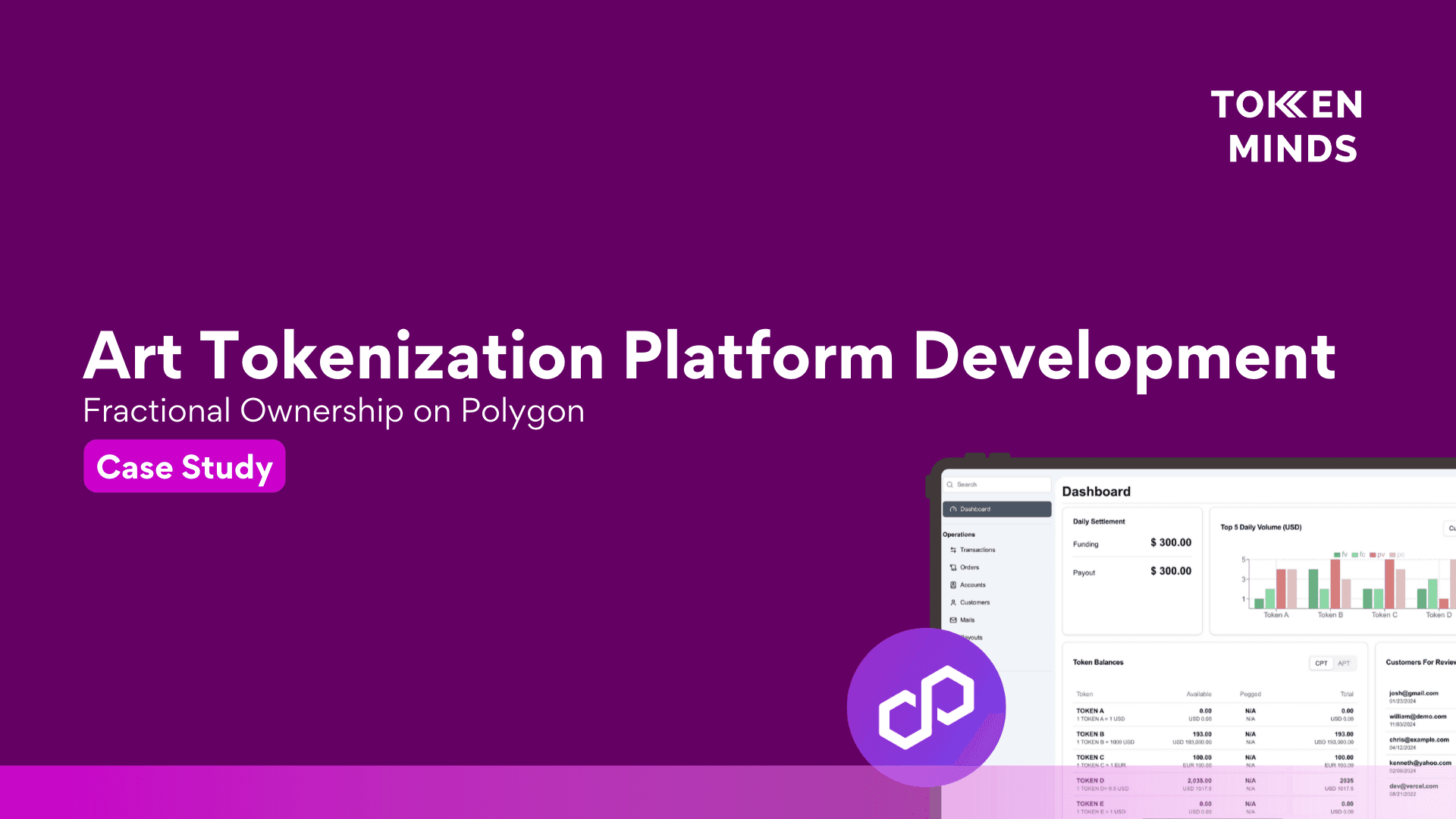 Art Tokenization Platform Development case study cover: fractional ownership on Polygon, with a dashboard and the Polygon logo