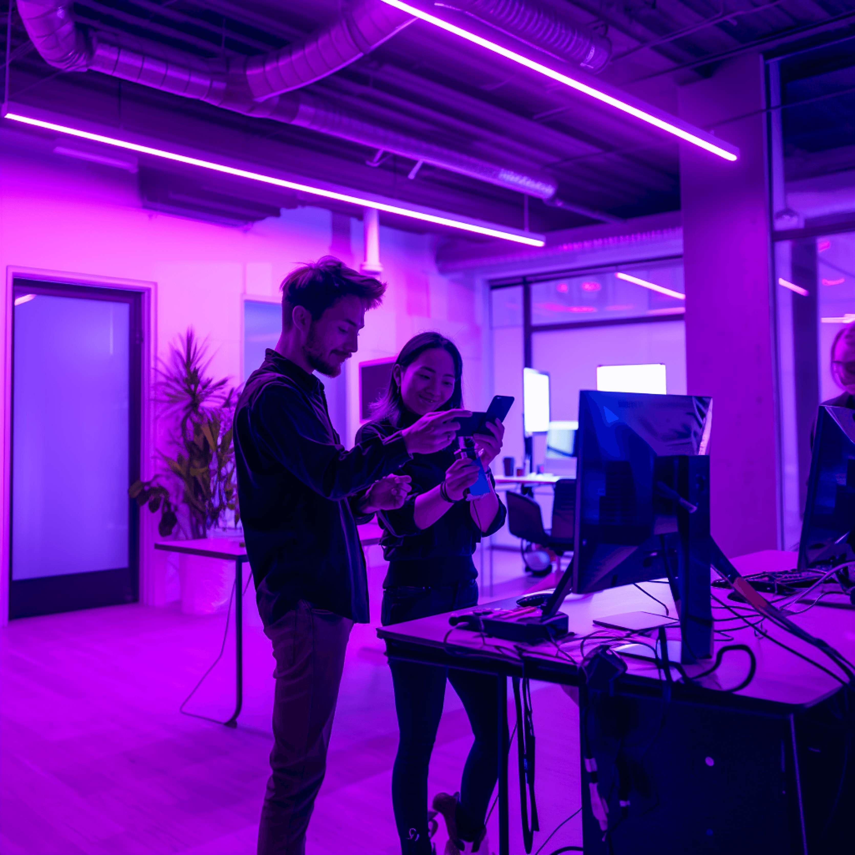 Two colleagues smiling at a phone in a purple-lit office