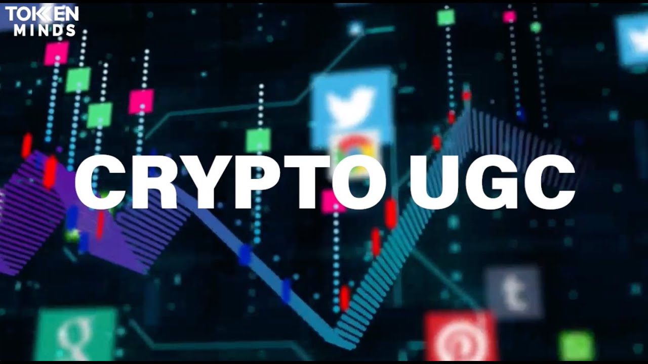Crypto UGC: the video title over a rising market chart and floating social media icons