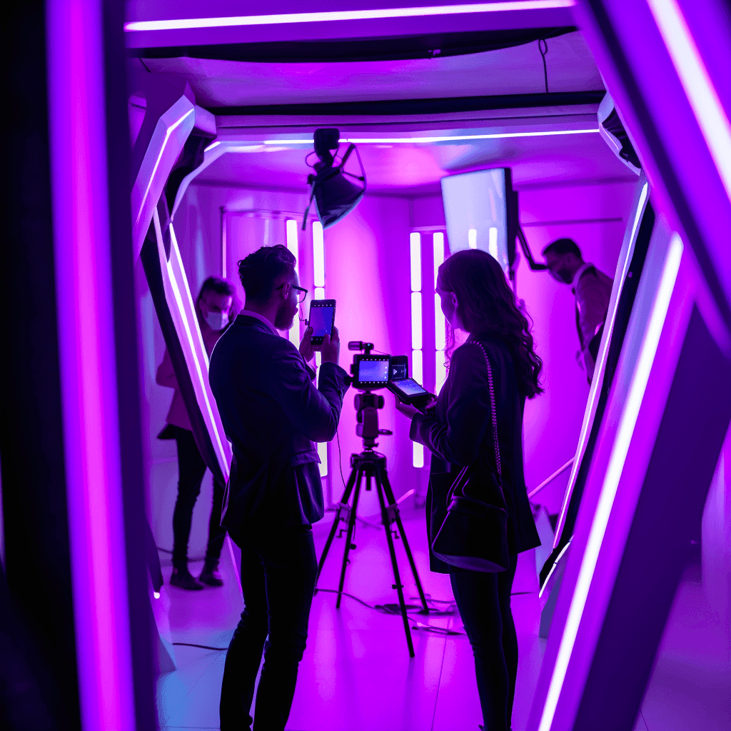 A content team filming on a phone and a tripod-mounted camera in a purple-lit studio