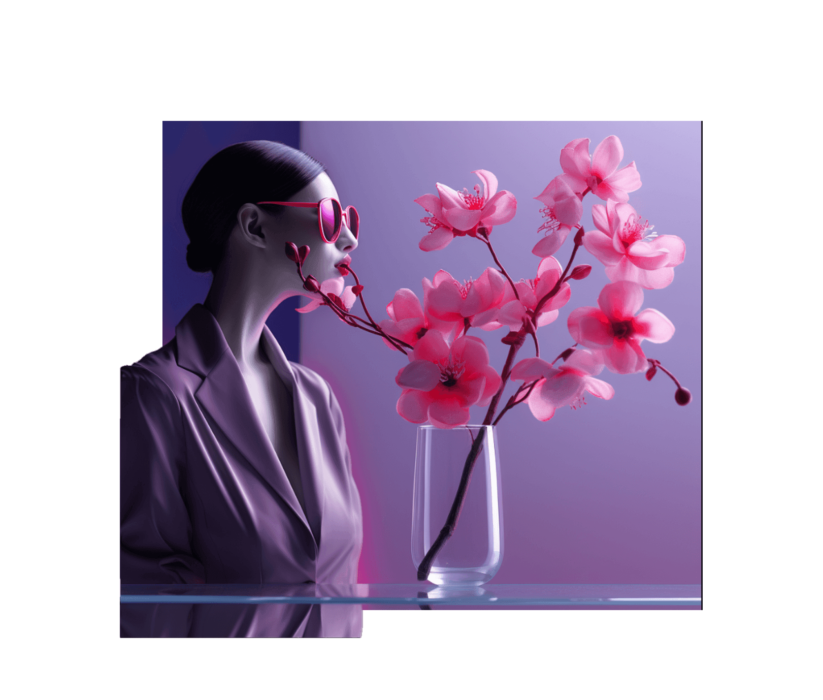 A woman in a lilac suit and pink sunglasses beside pink blossoms in a glass vase, against a purple backdrop